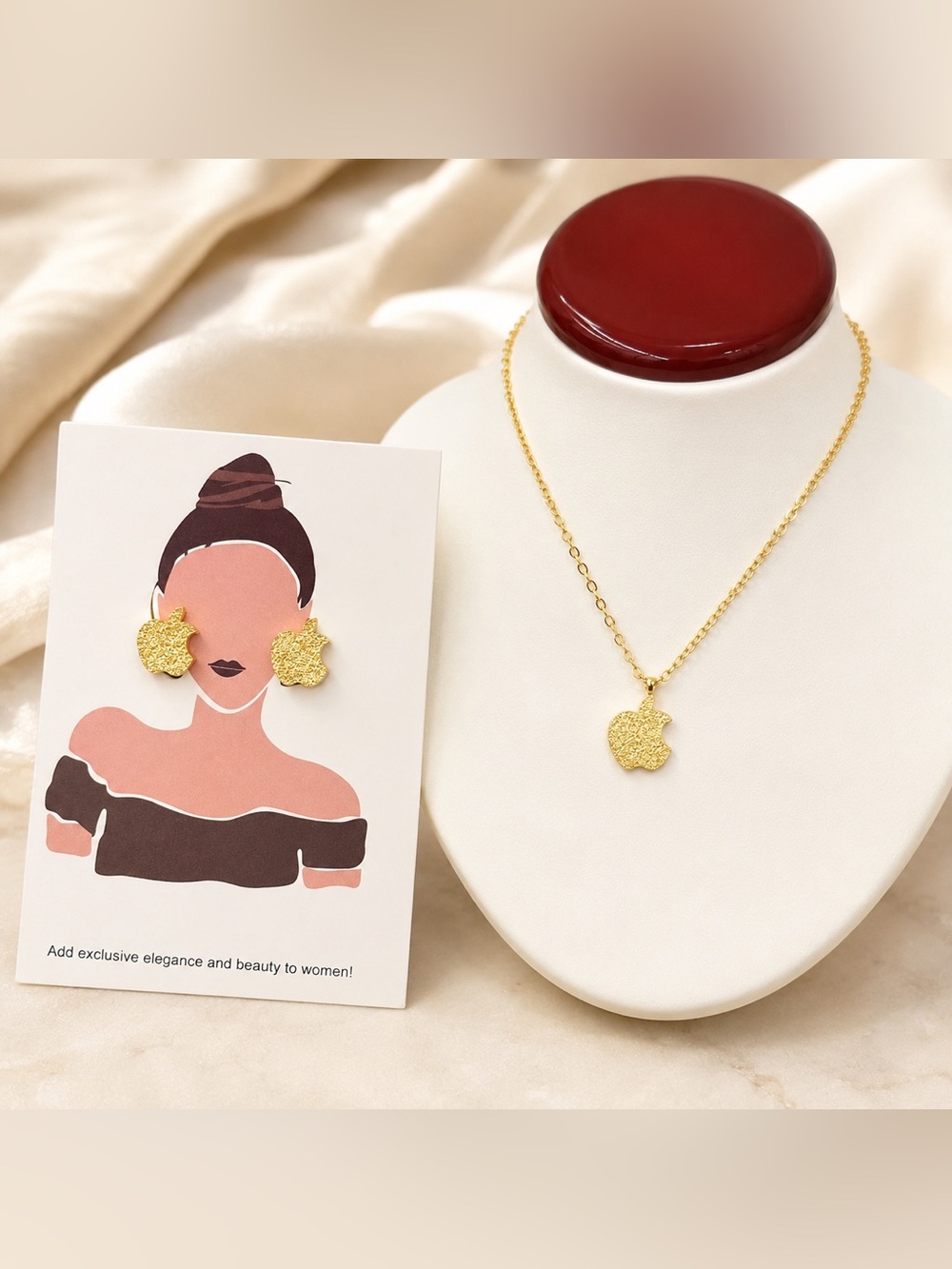 Gold Apple Pendant Necklace and Earrings Set steel 316L